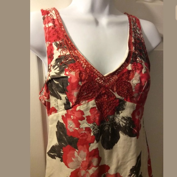 FREE PEOPLE Red Floral Dress Embroidered Details Gray Ivory Shift Sheath Cotton - Picture 4 of 8
